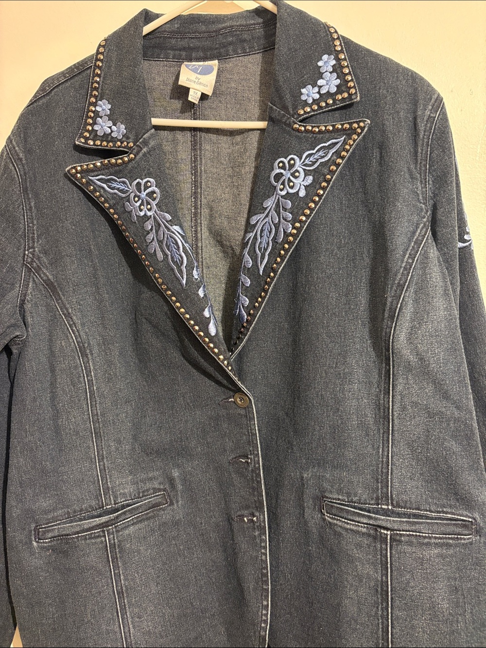 Diane Gilman Embroidered Dark Blue Denim Blazer with Stud Trim